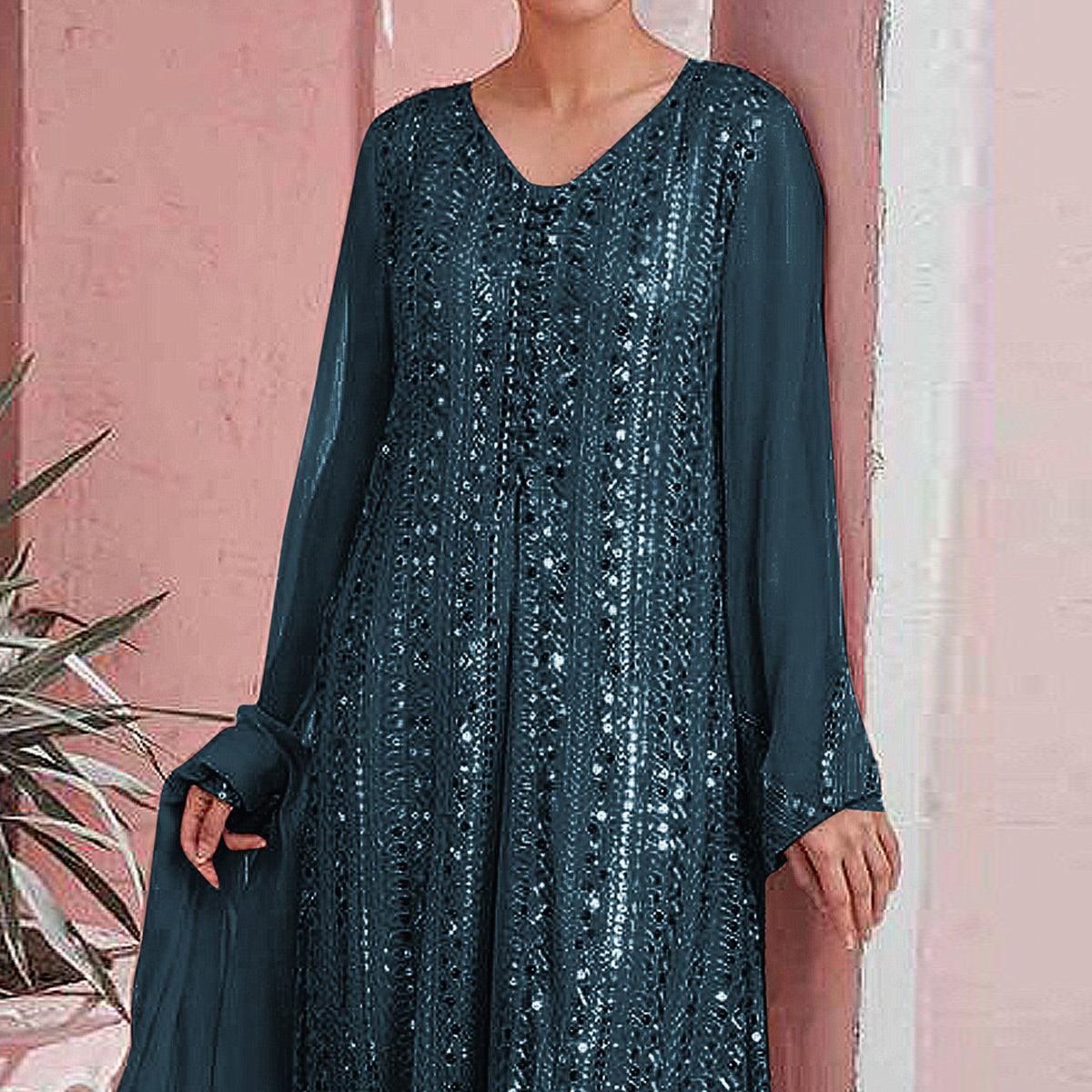 Blue Embellished With Embroidered Georgette Palazzo Suit - Peachmode