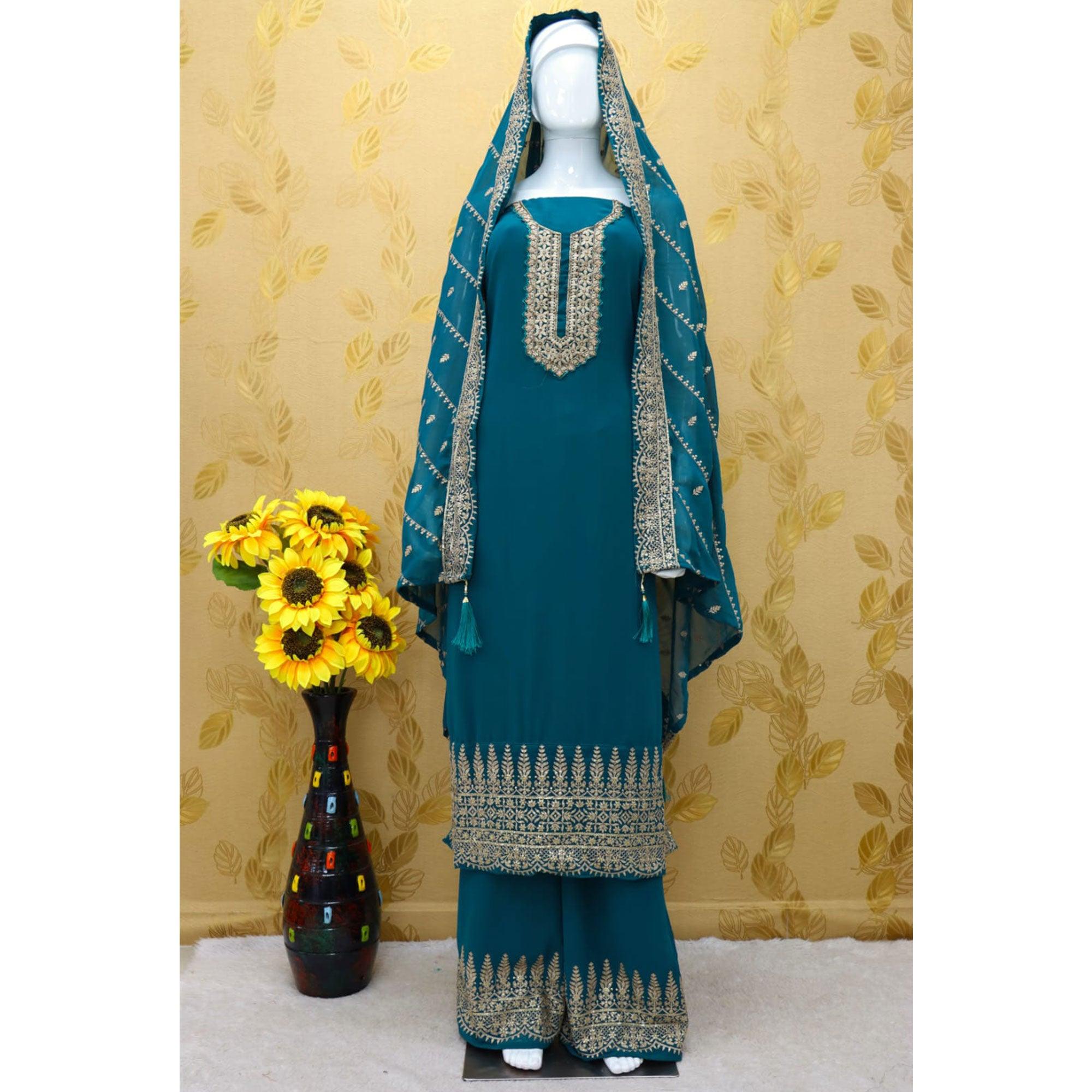Blue Embellished With Embroidered Georgette Palazzo Suit - Peachmode