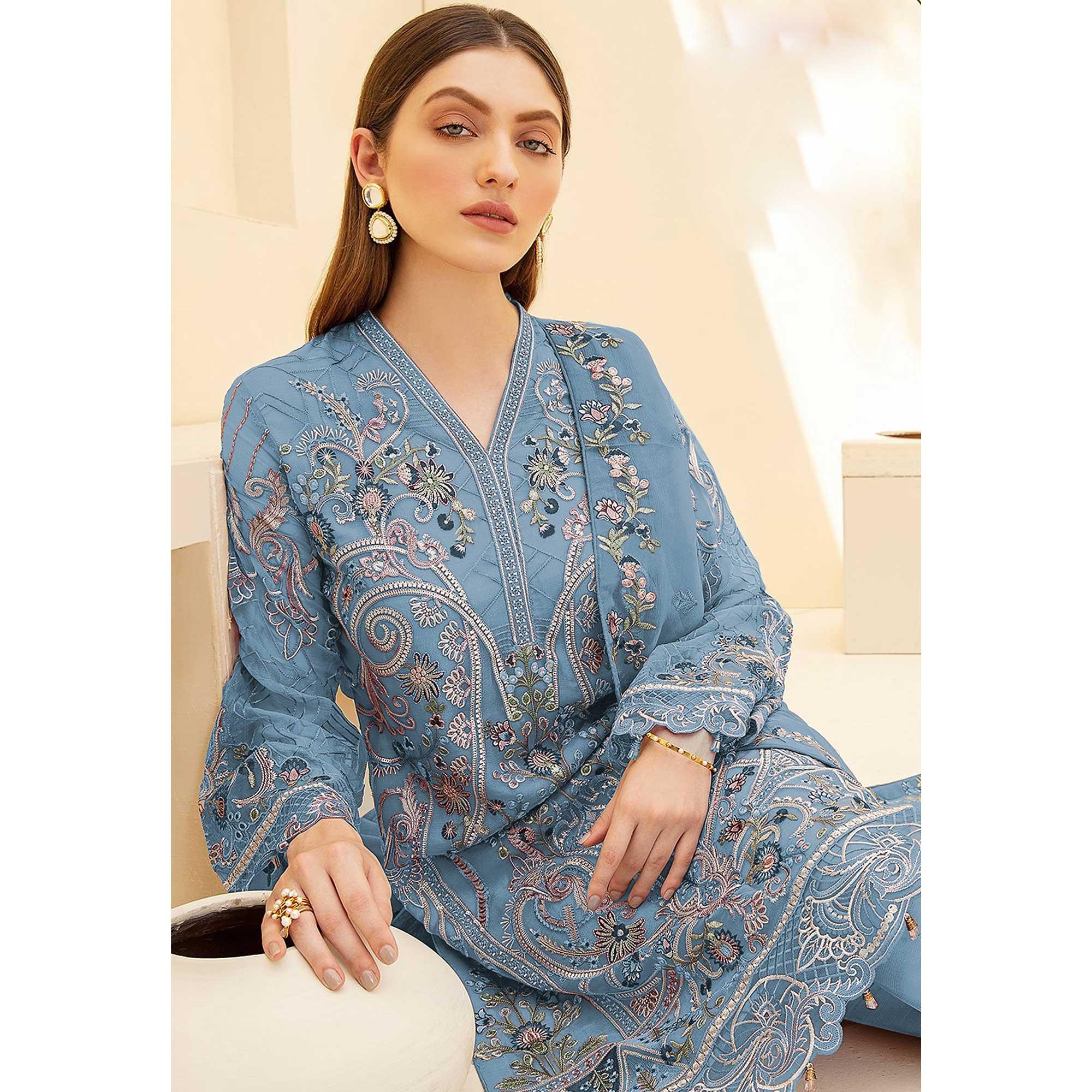 Blue Embellished With Embroidered Georgette Palazzo Suit - Peachmode