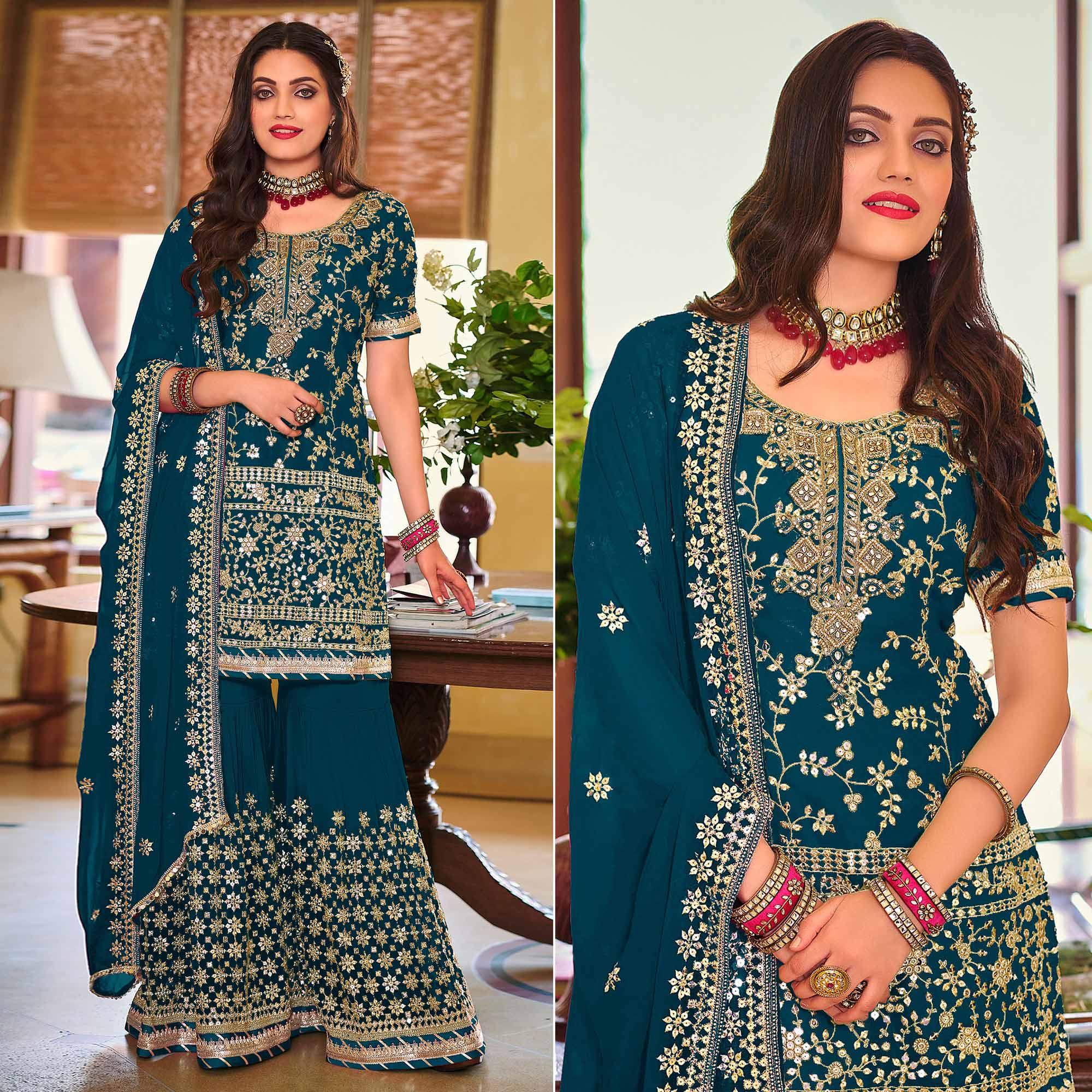 Blue Embellished With Embroidered Georgette Sharara Suit - Peachmode