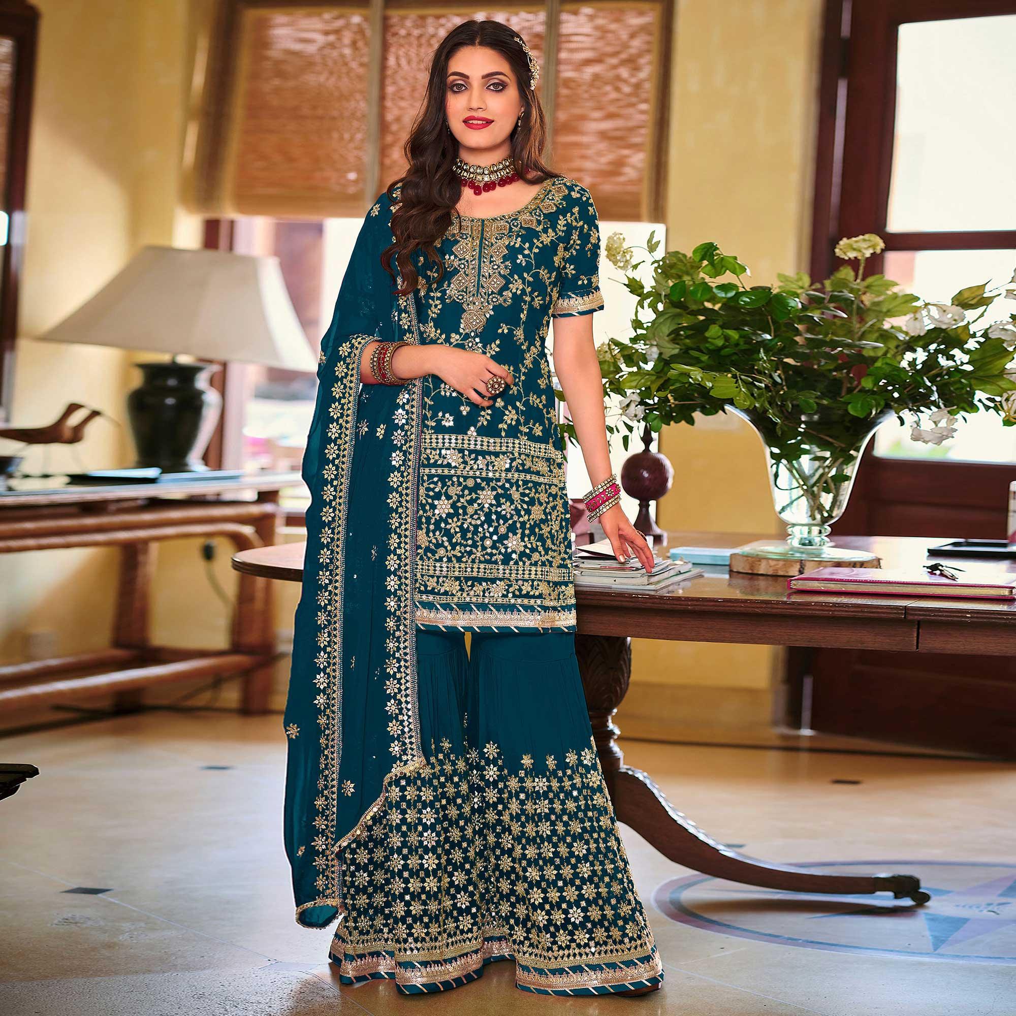 Blue Embellished With Embroidered Georgette Sharara Suit - Peachmode