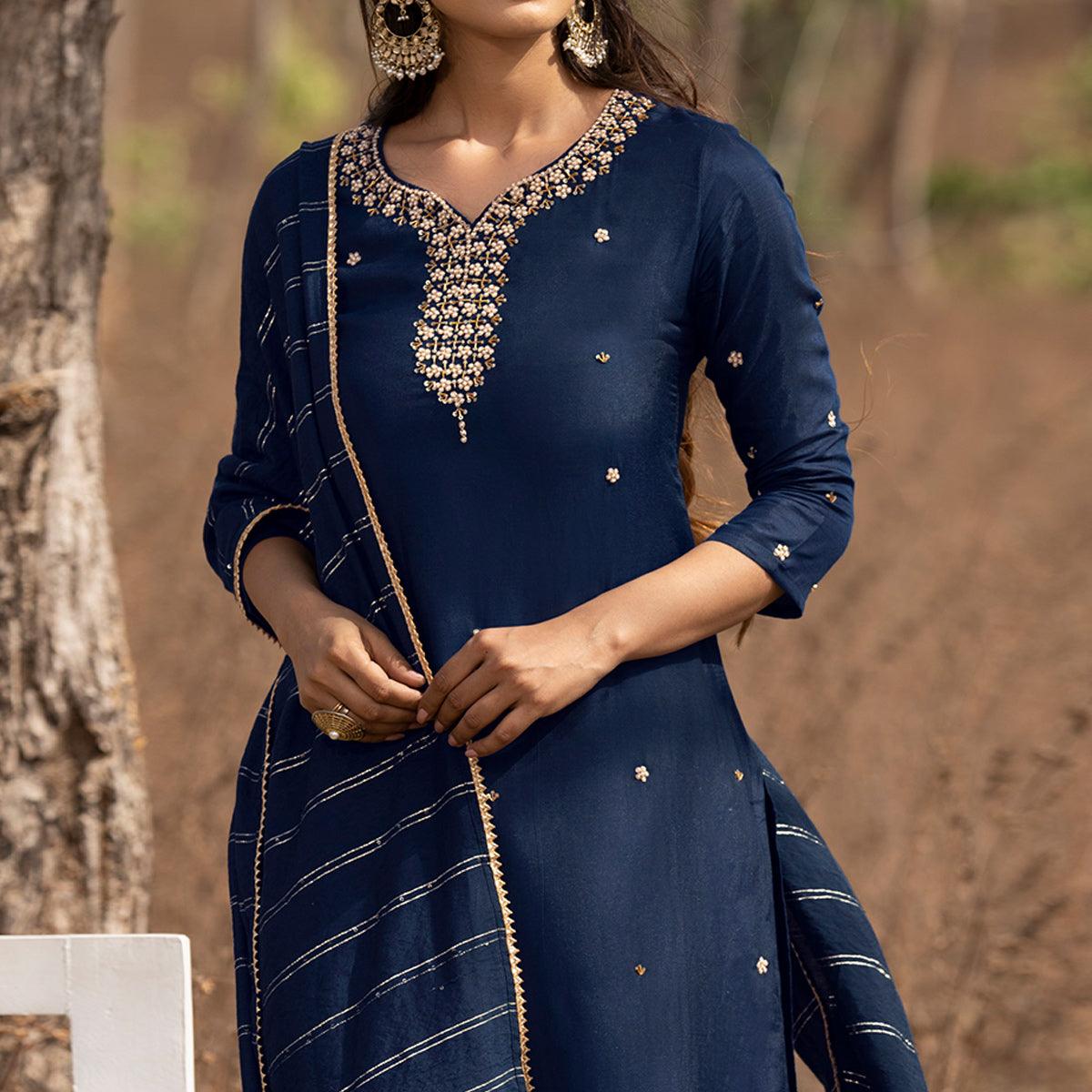 Blue Embellished With Embroidered Muslin Kurti Pant Set With Dupatta - Peachmode