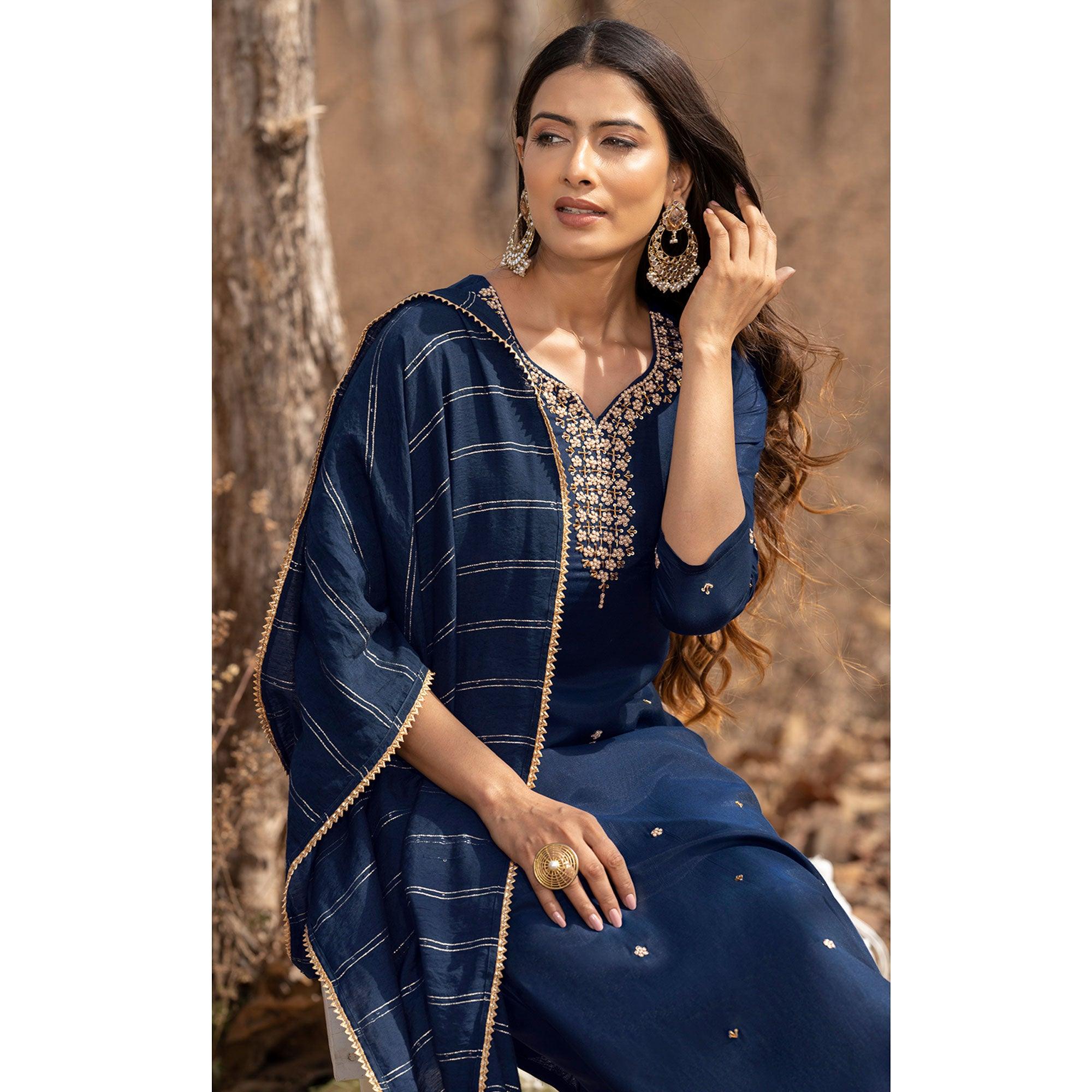 Blue Embellished With Embroidered Muslin Kurti Pant Set With Dupatta - Peachmode