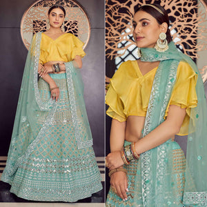 Blue Embellished With Embroidered Organza Lehenga Choli - Peachmode