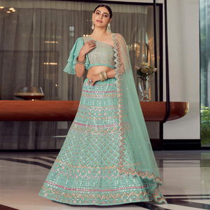 Blue Embellished With Embroidered Organza Lehenga Choli - Peachmode