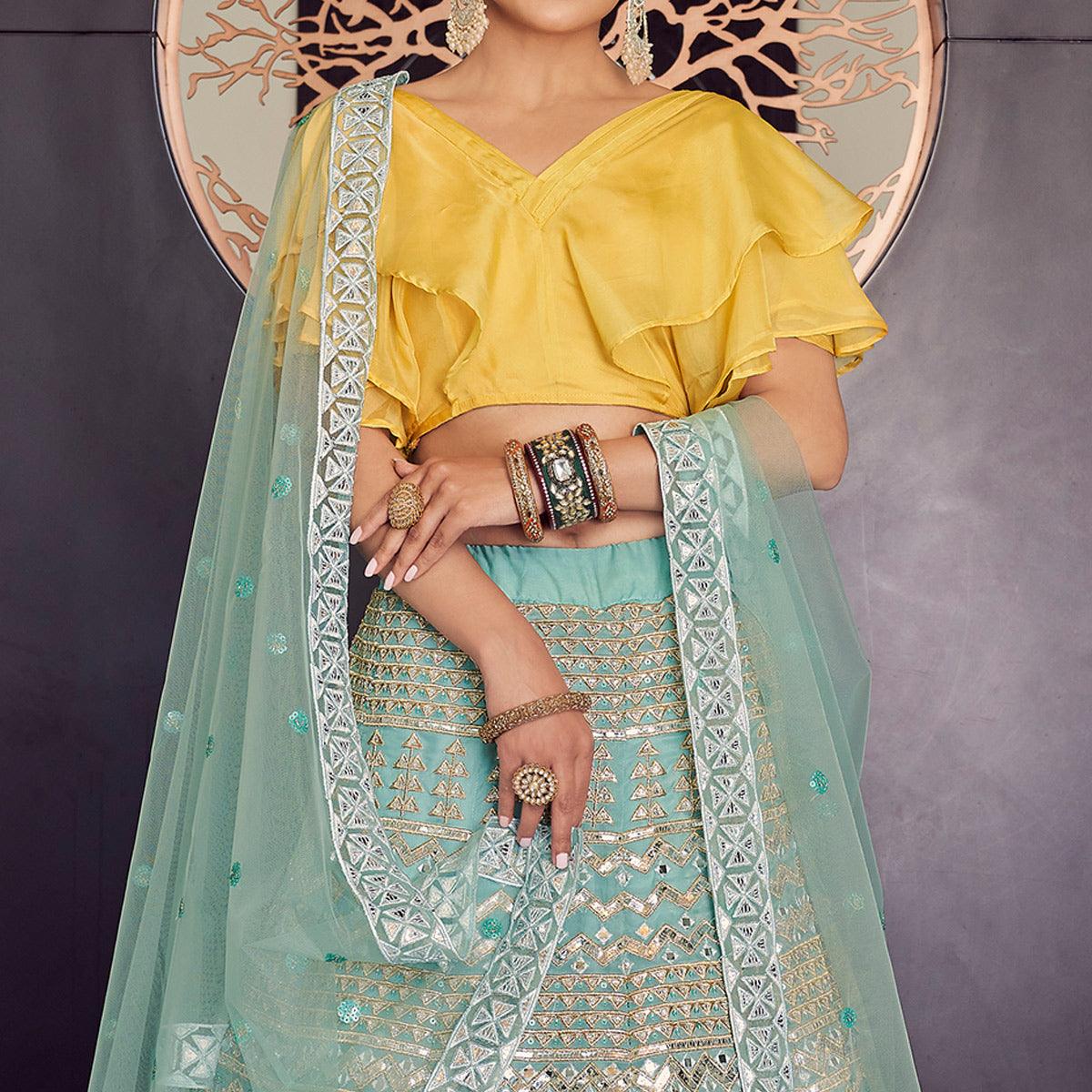 Blue Embellished With Embroidered Organza Lehenga Choli - Peachmode