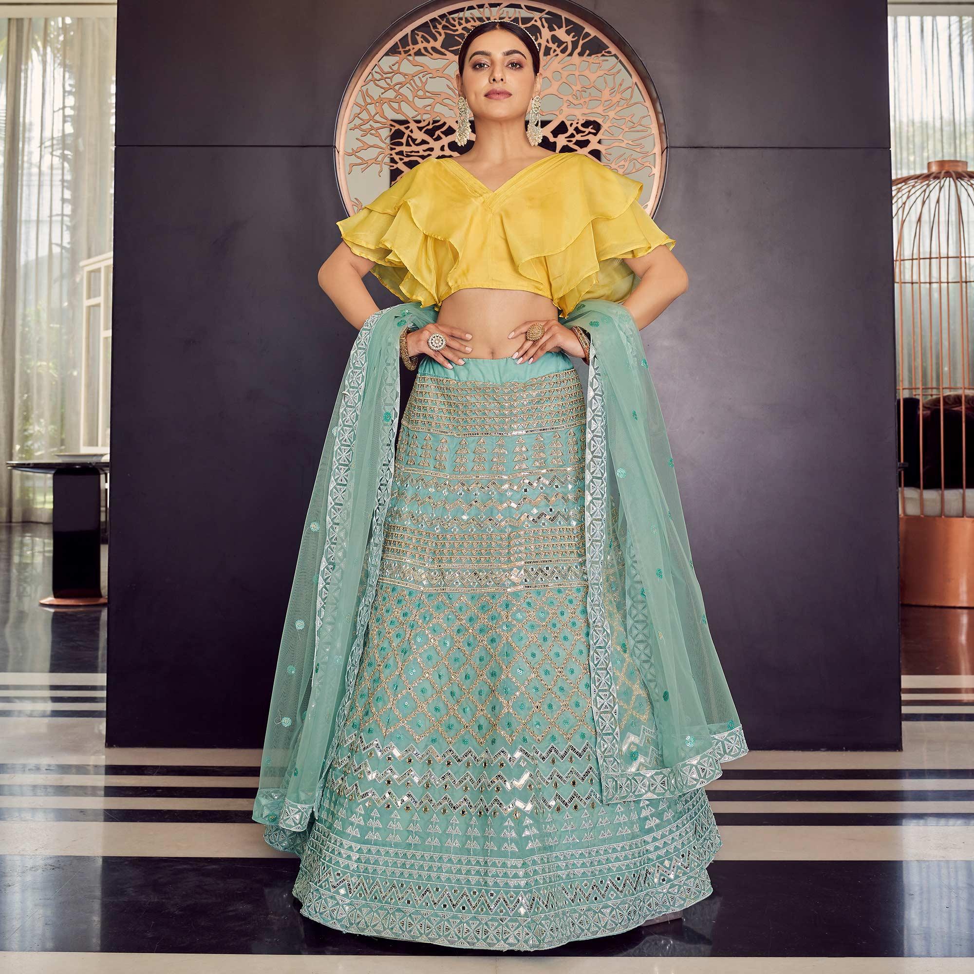 Blue Embellished With Embroidered Organza Lehenga Choli - Peachmode