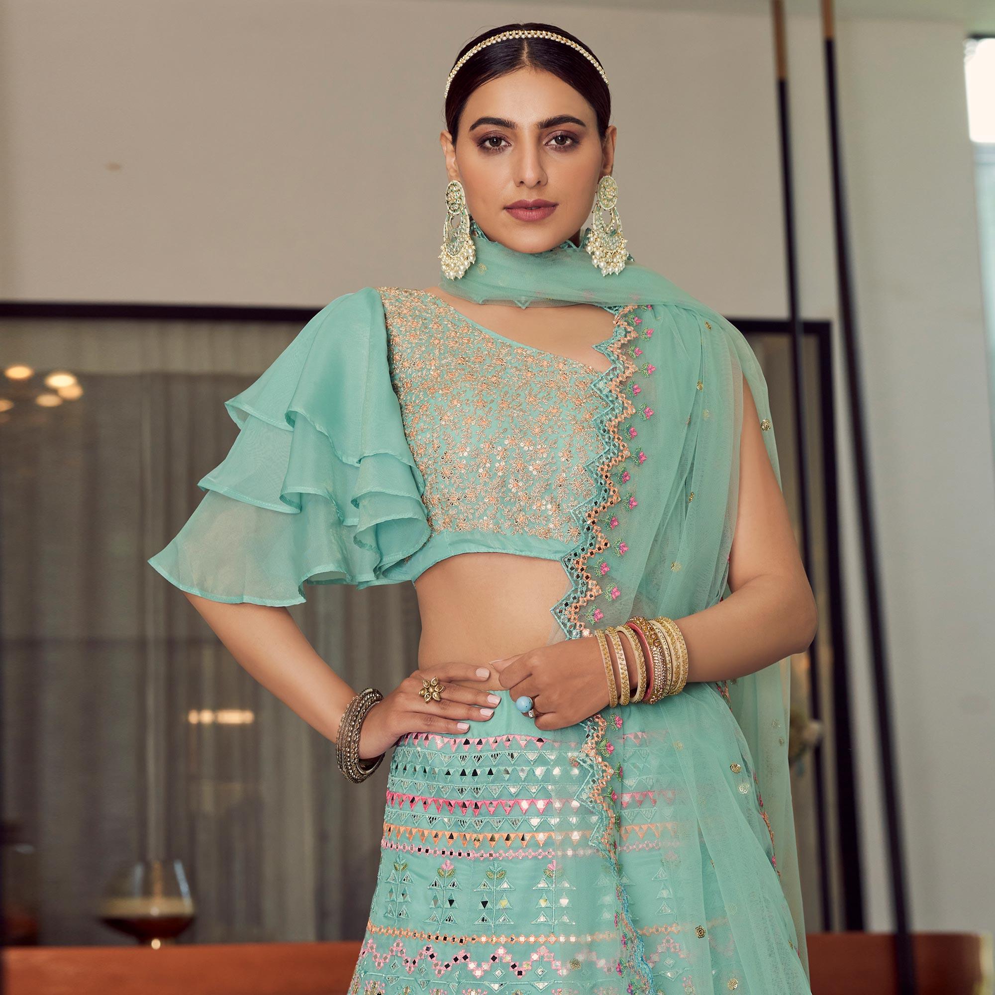 Blue Embellished With Embroidered Organza Lehenga Choli - Peachmode