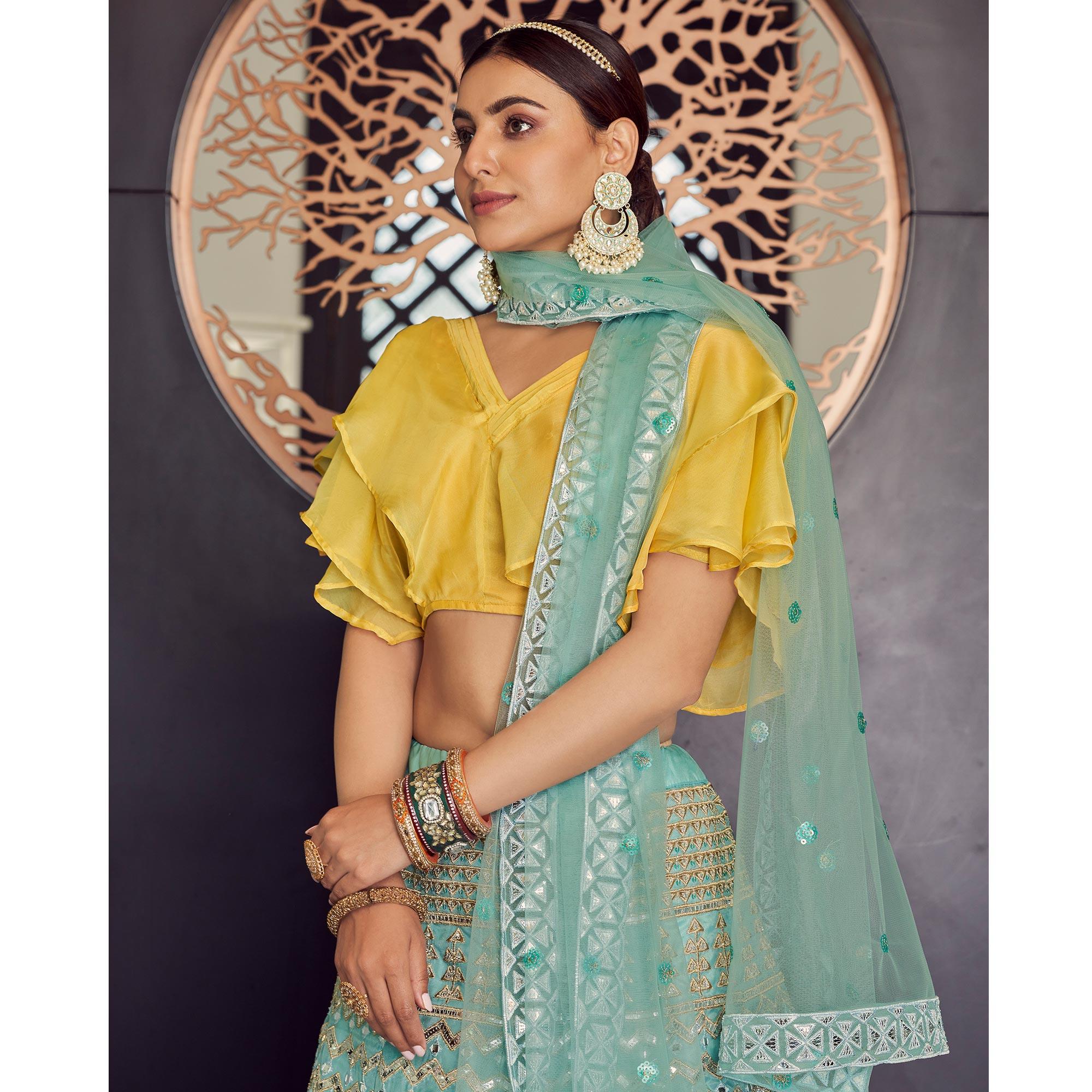 Blue Embellished With Embroidered Organza Lehenga Choli - Peachmode