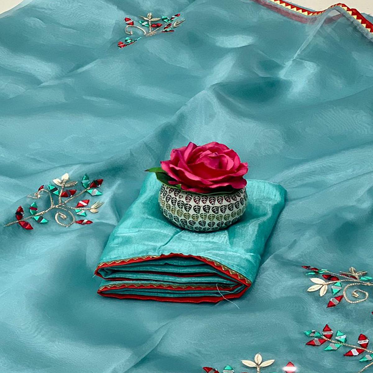 Blue Embellished With Embroidered Organza Saree - Peachmode