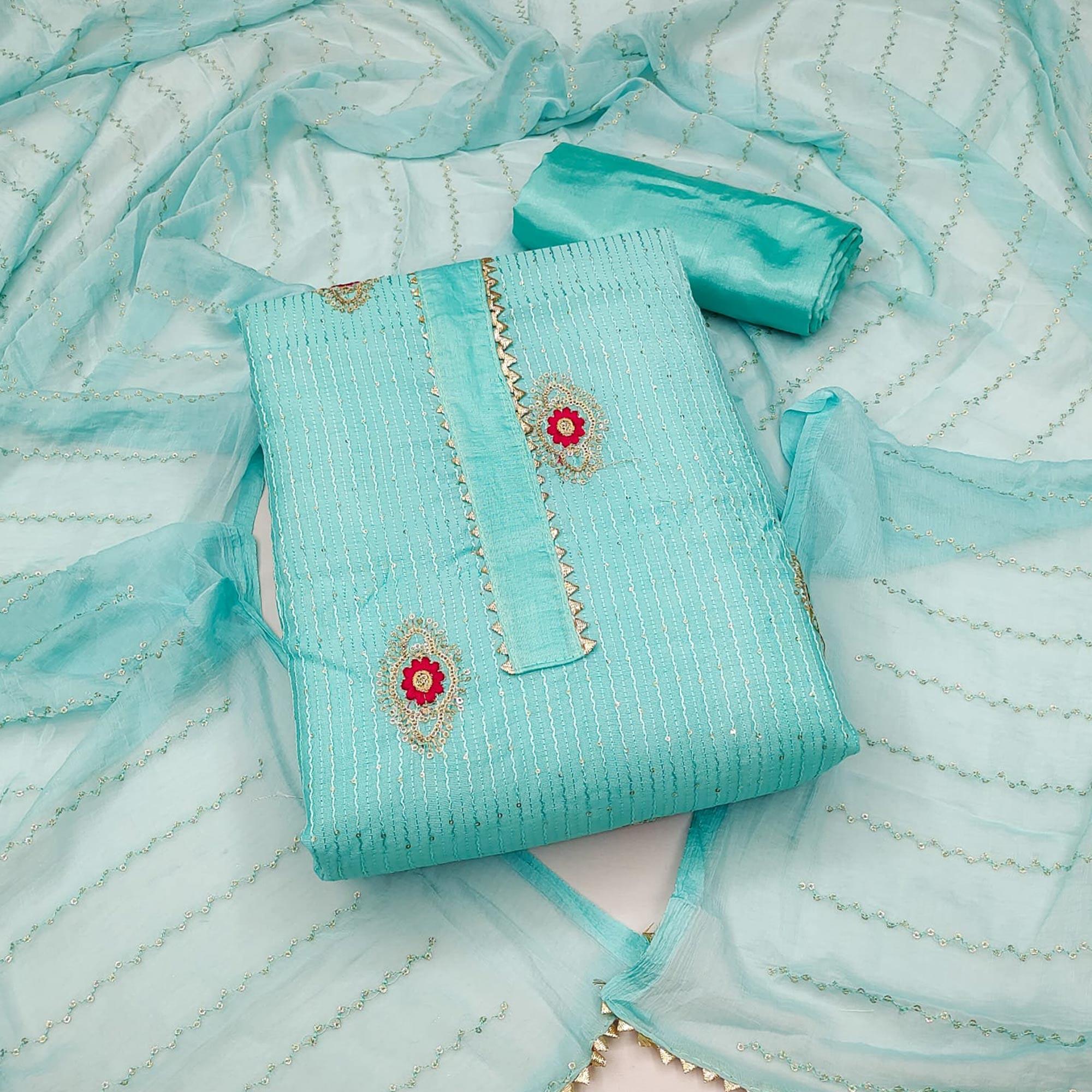 Blue Embellished With Embroidered Poly Cotton Dress Material - Peachmode