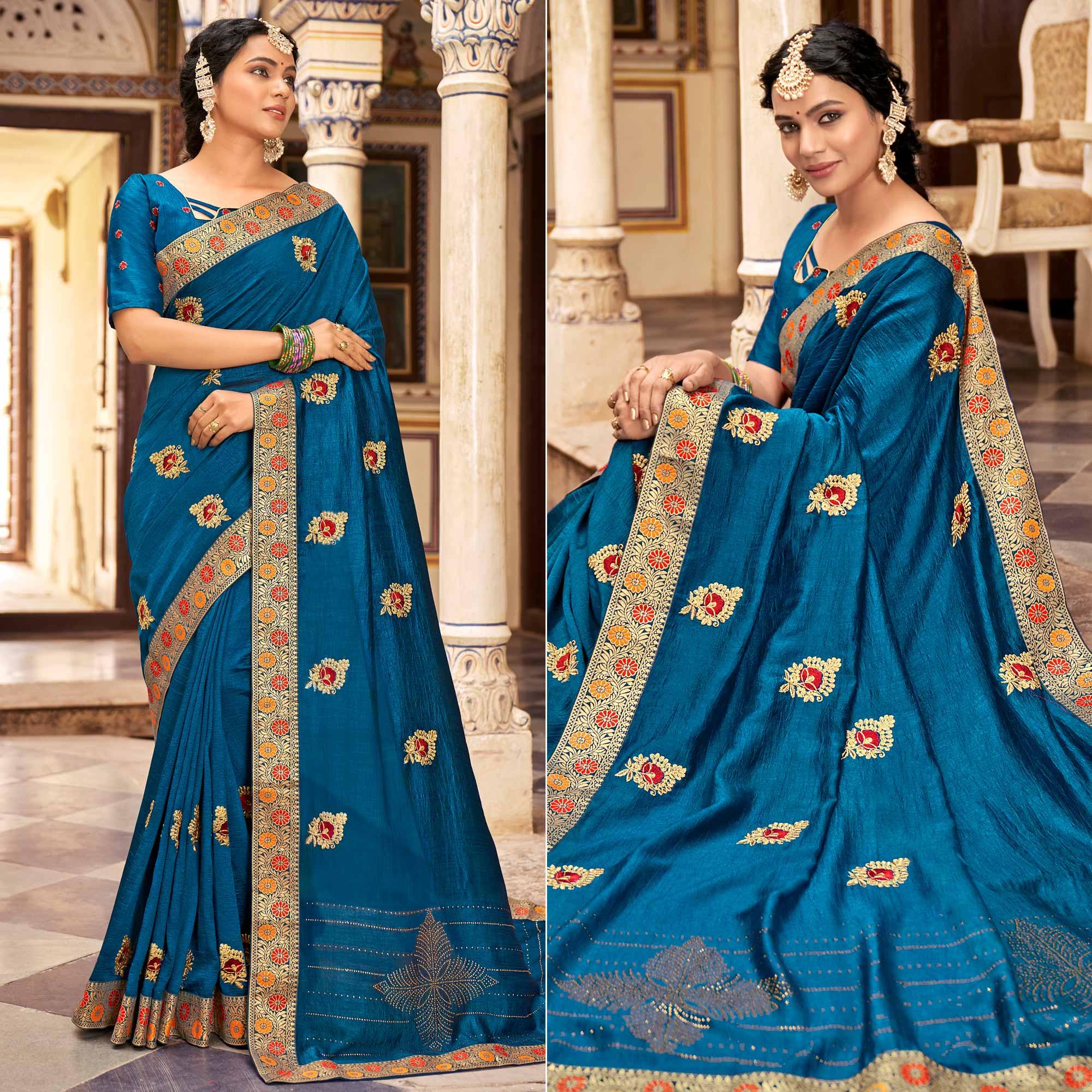 Blue Embellished With Embroidered Vichitra Silk Saree - Peachmode