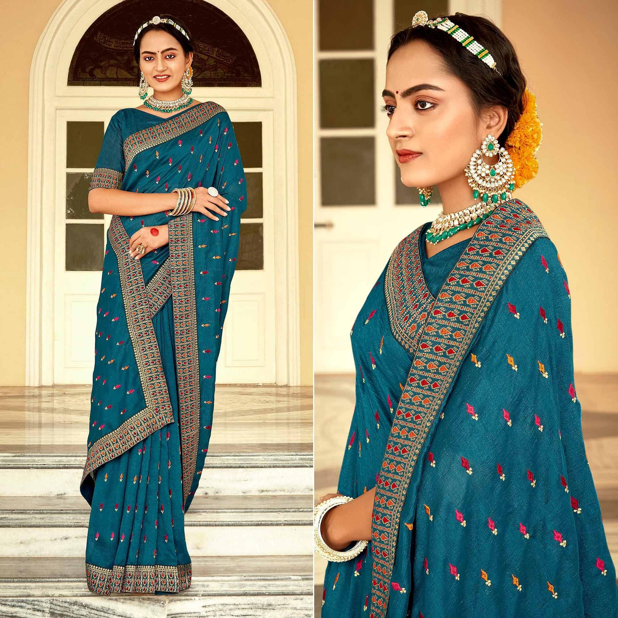 Blue Embellished With Embroidered Vichitra Silk Saree - Peachmode
