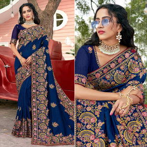 Blue Embellished With Embroidered Vichitra Silk Saree - Peachmode