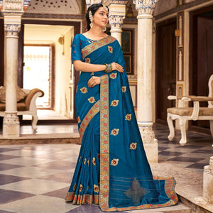 Blue Embellished With Embroidered Vichitra Silk Saree - Peachmode