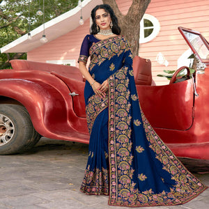 Blue Embellished With Embroidered Vichitra Silk Saree - Peachmode