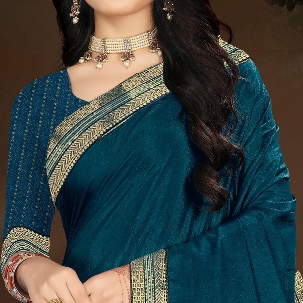 Blue Embellished With Embroidered Vichitra Silk Saree - Peachmode