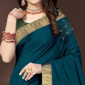 Blue Embellished With Embroidered Vichitra Silk Saree - Peachmode