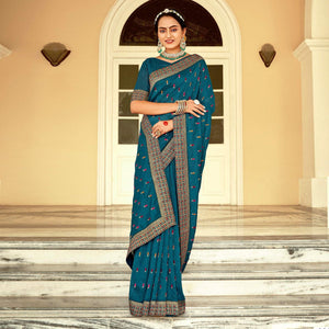 Blue Embellished With Embroidered Vichitra Silk Saree - Peachmode