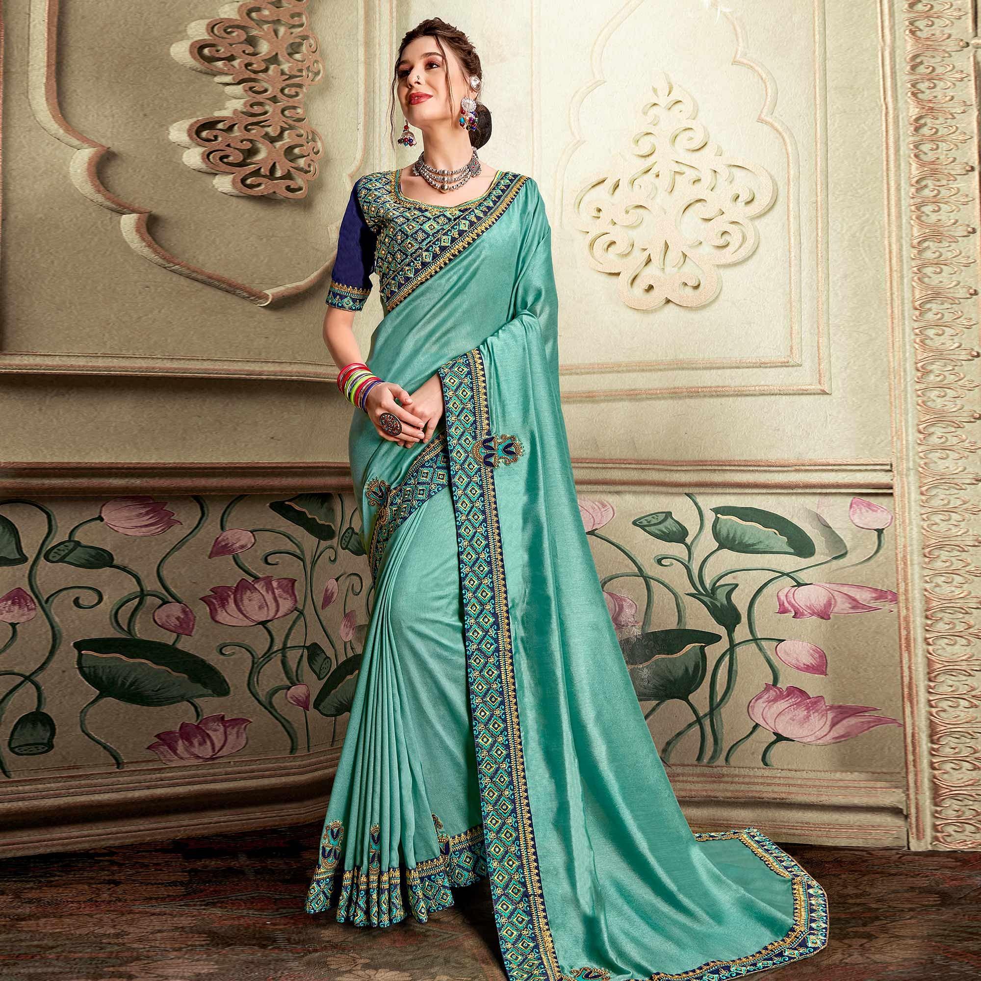 Blue Embellished With Embroidered Vichitra Silk Saree - Peachmode