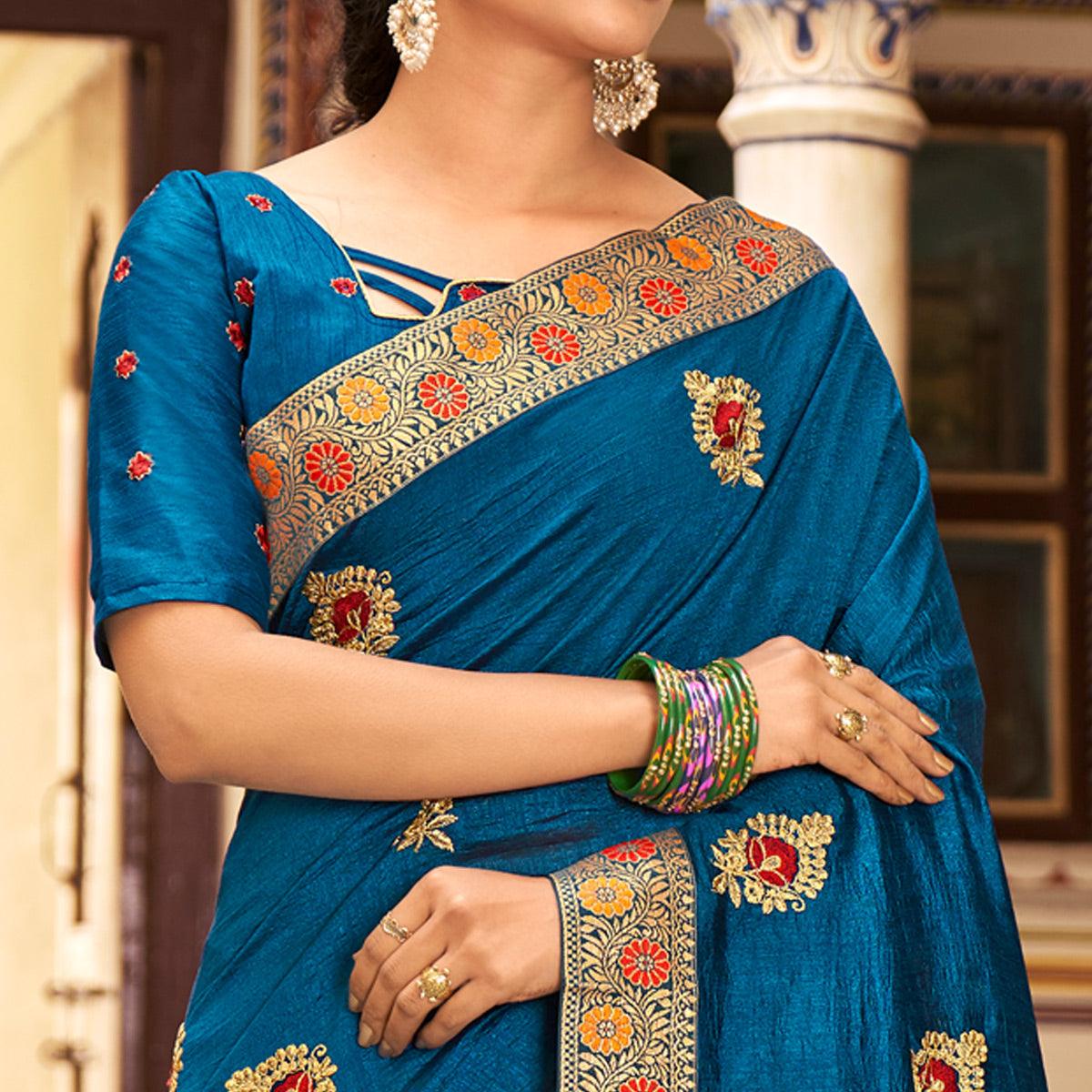 Blue Embellished With Embroidered Vichitra Silk Saree - Peachmode
