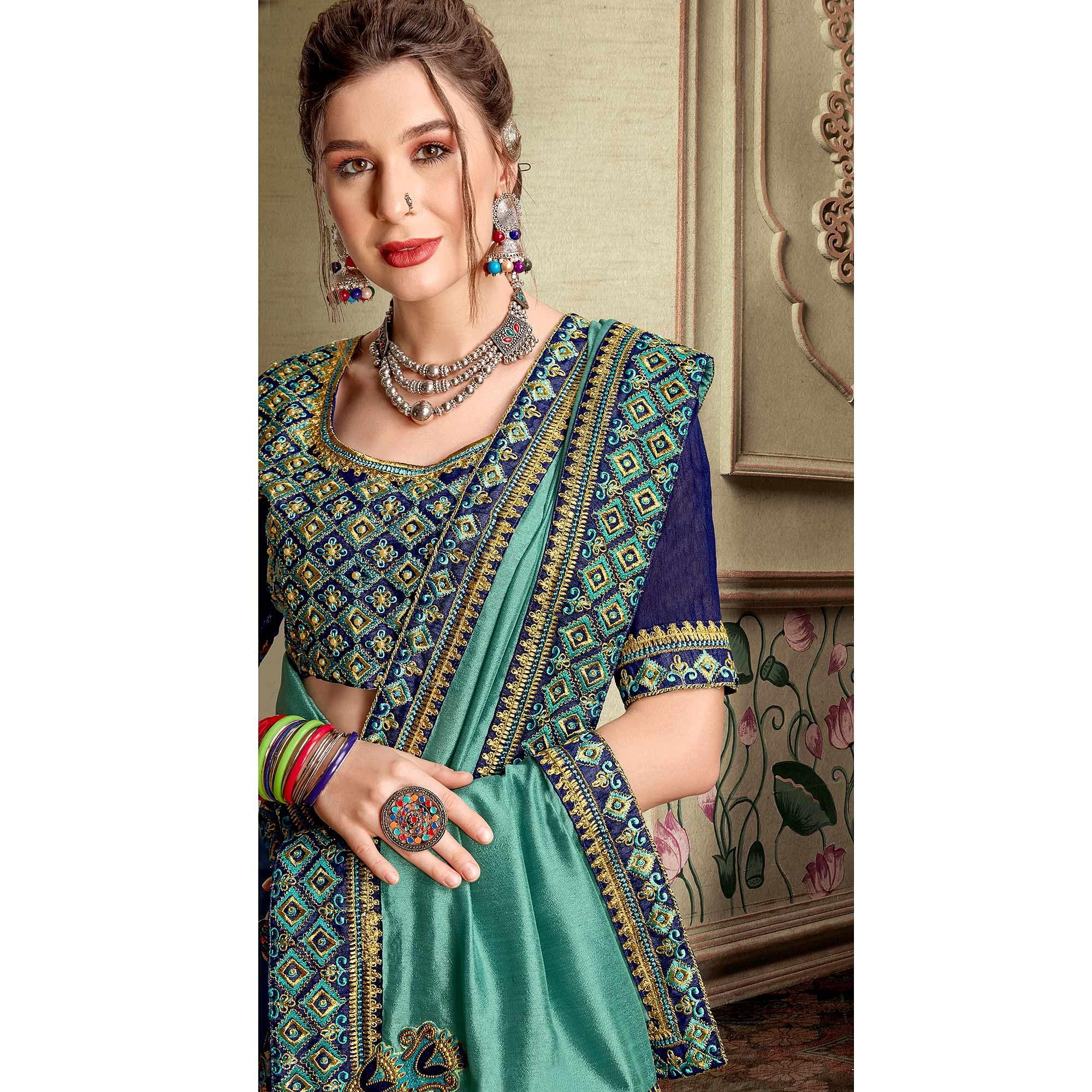 Blue Embellished With Embroidered Vichitra Silk Saree - Peachmode