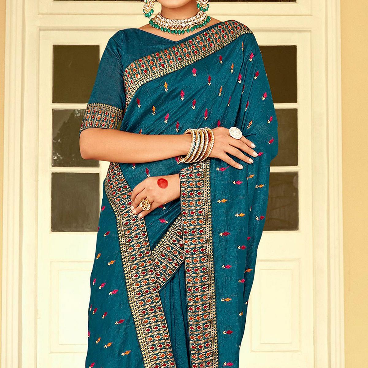 Blue Embellished With Embroidered Vichitra Silk Saree - Peachmode