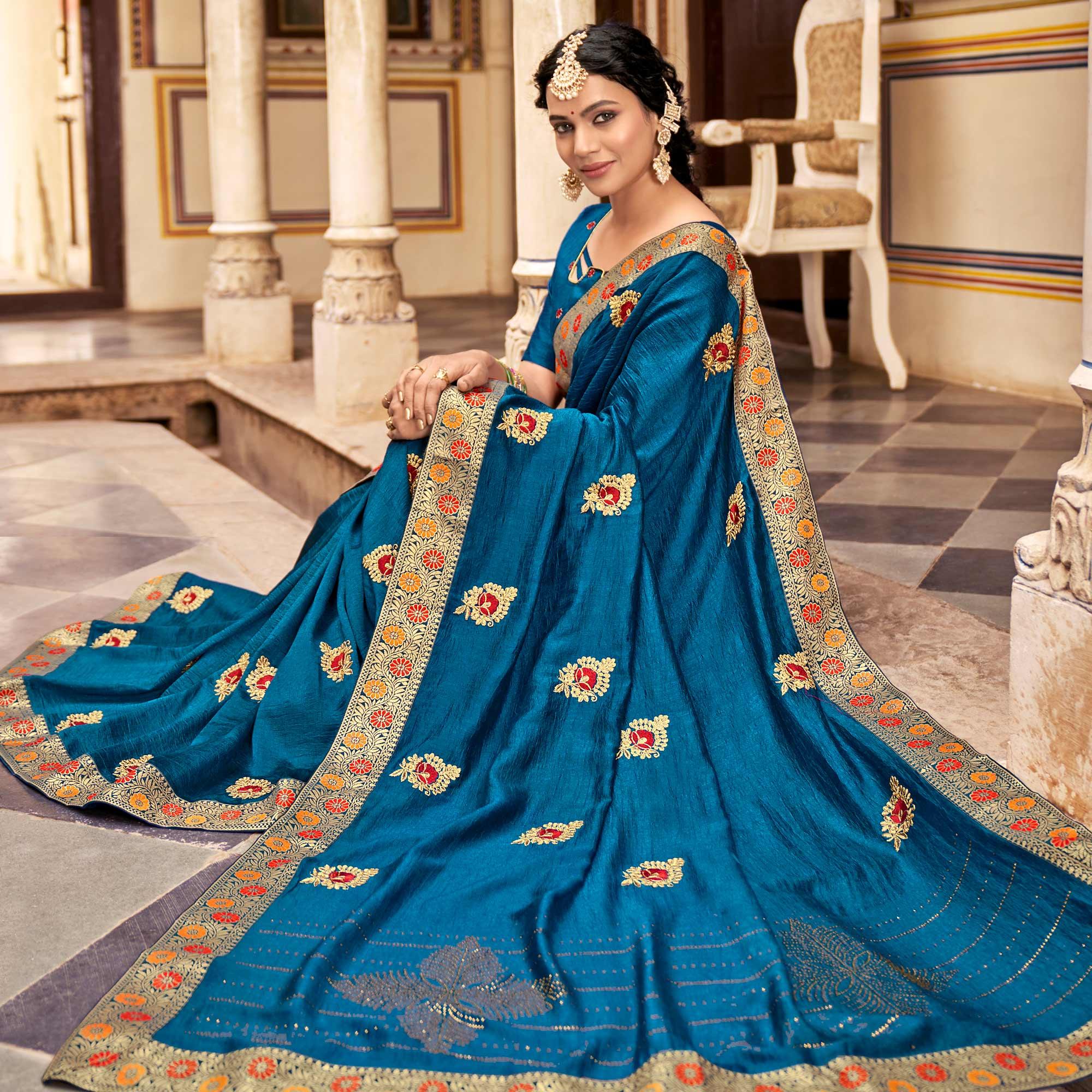 Blue Embellished With Embroidered Vichitra Silk Saree - Peachmode