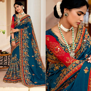 Blue Embellished With Embroidered Vichitra Silk Saree With Tassels - Peachmode