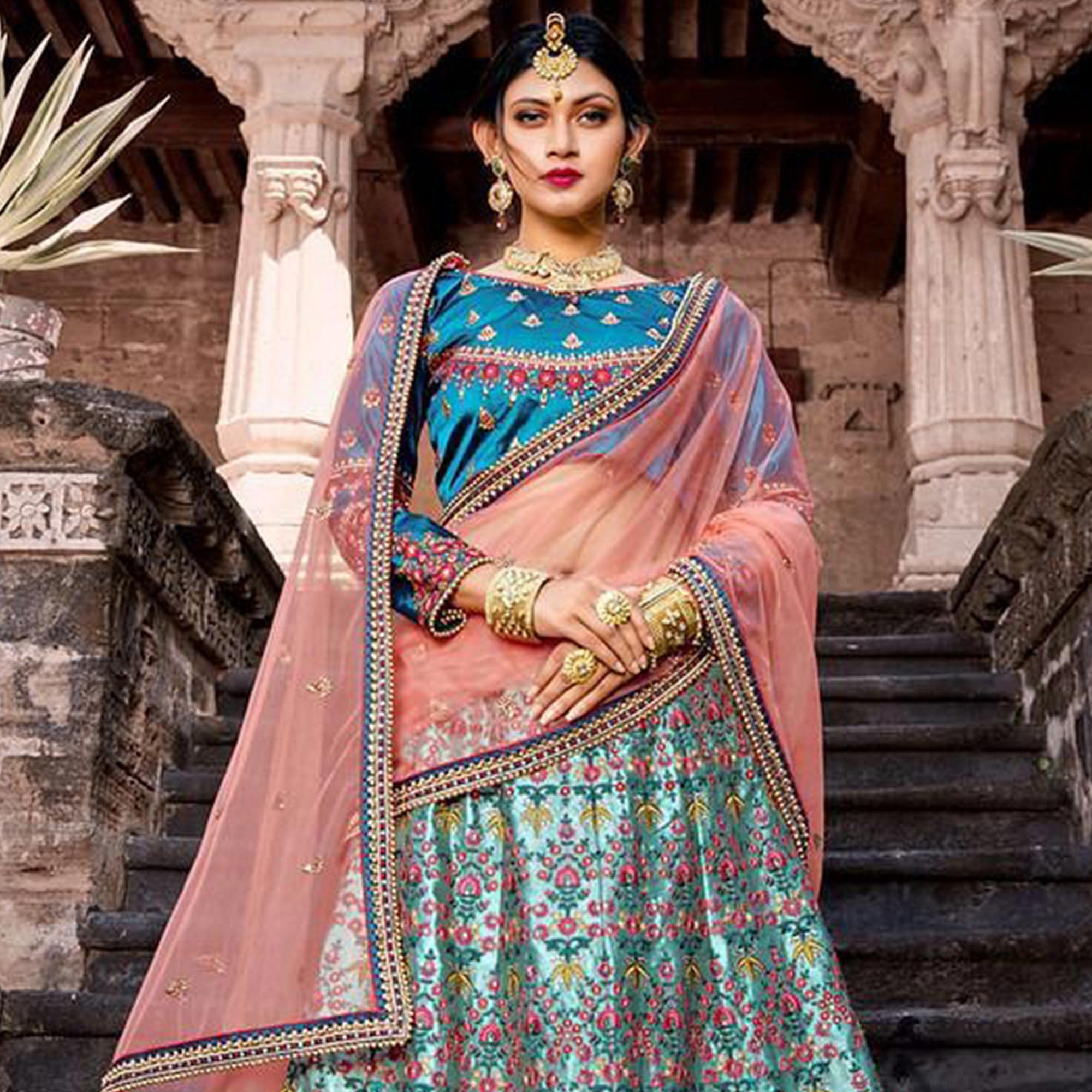 Blue Embellished With Printed Satin Lehenga Choli - Peachmode