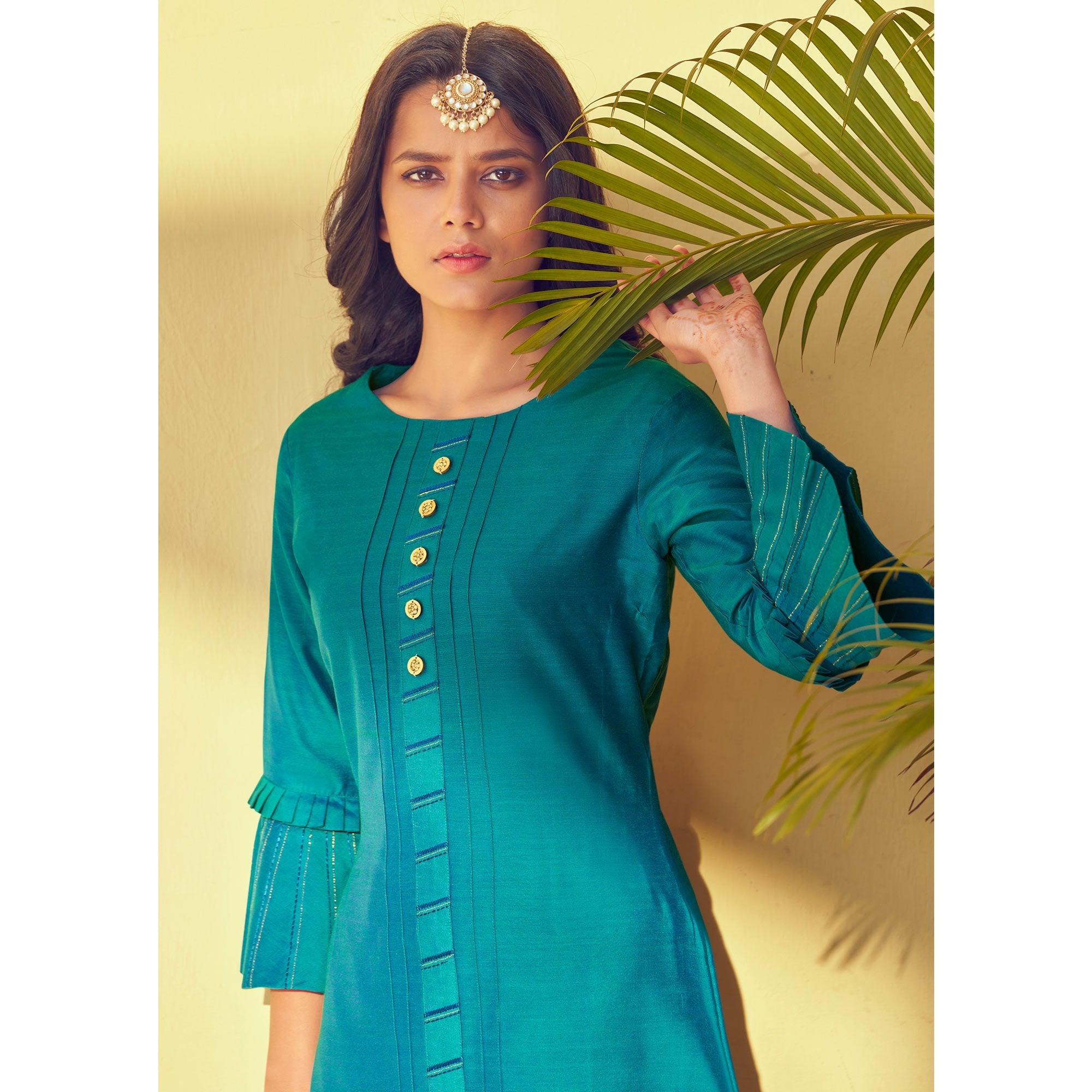 Blue Embroidered Art Silk Kurti Pant Set - Peachmode