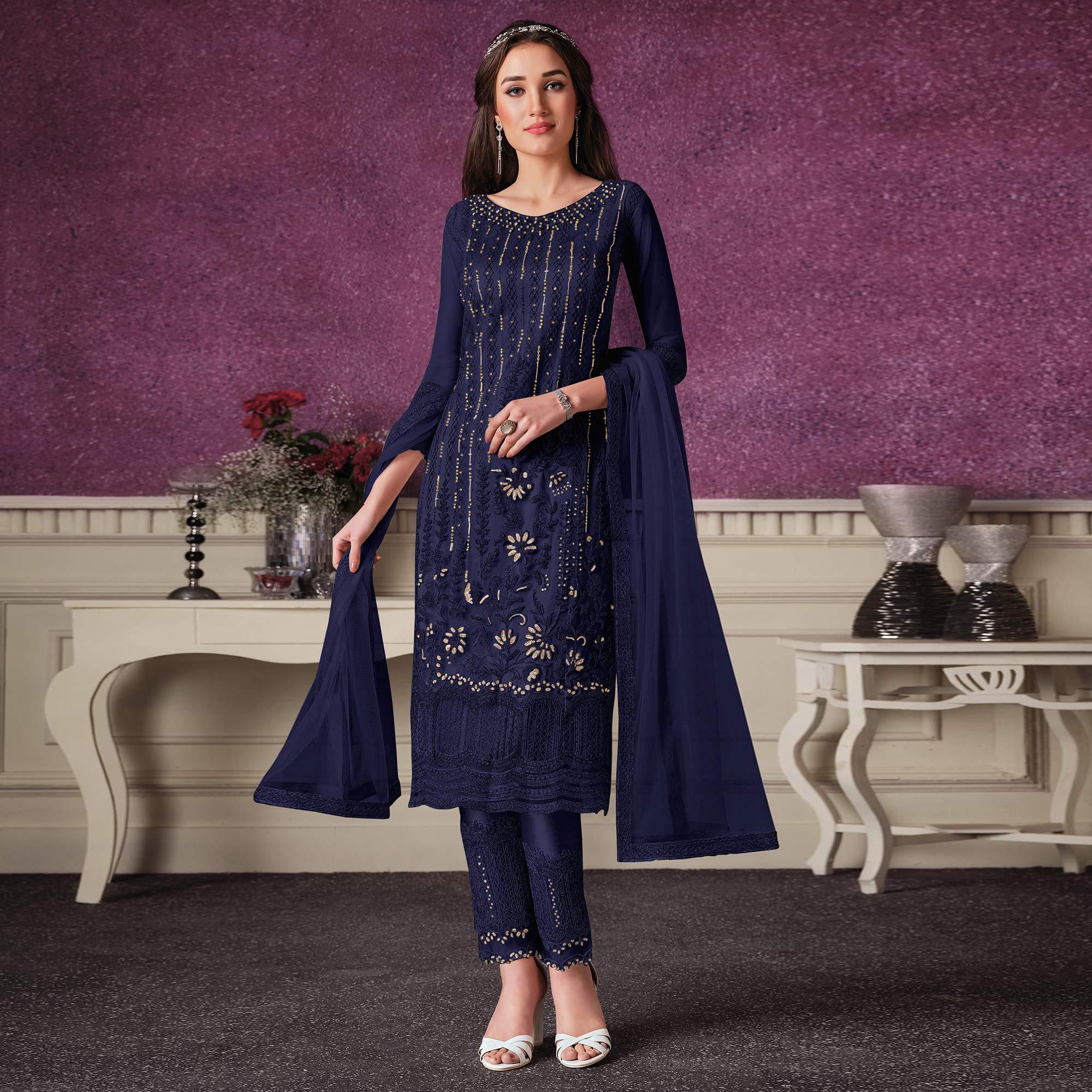 Blue Embroidered Butterfly Net Partywear Suit - Peachmode