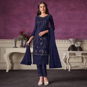 Blue Embroidered Butterfly Net Partywear Suit - Peachmode