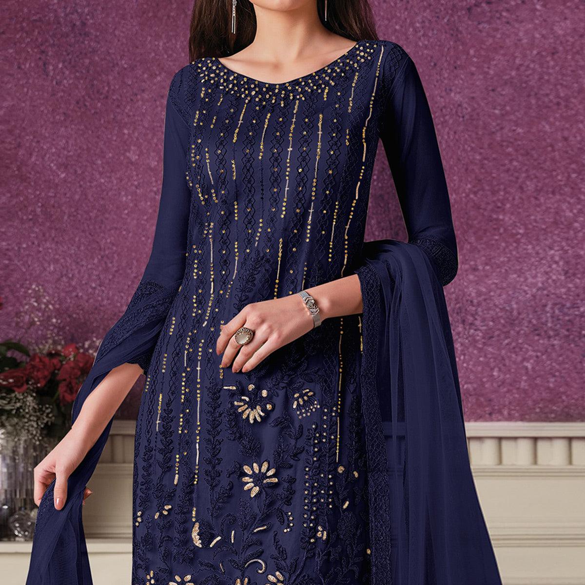 Blue Embroidered Butterfly Net Partywear Suit - Peachmode