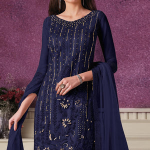 Blue Embroidered Butterfly Net Partywear Suit - Peachmode