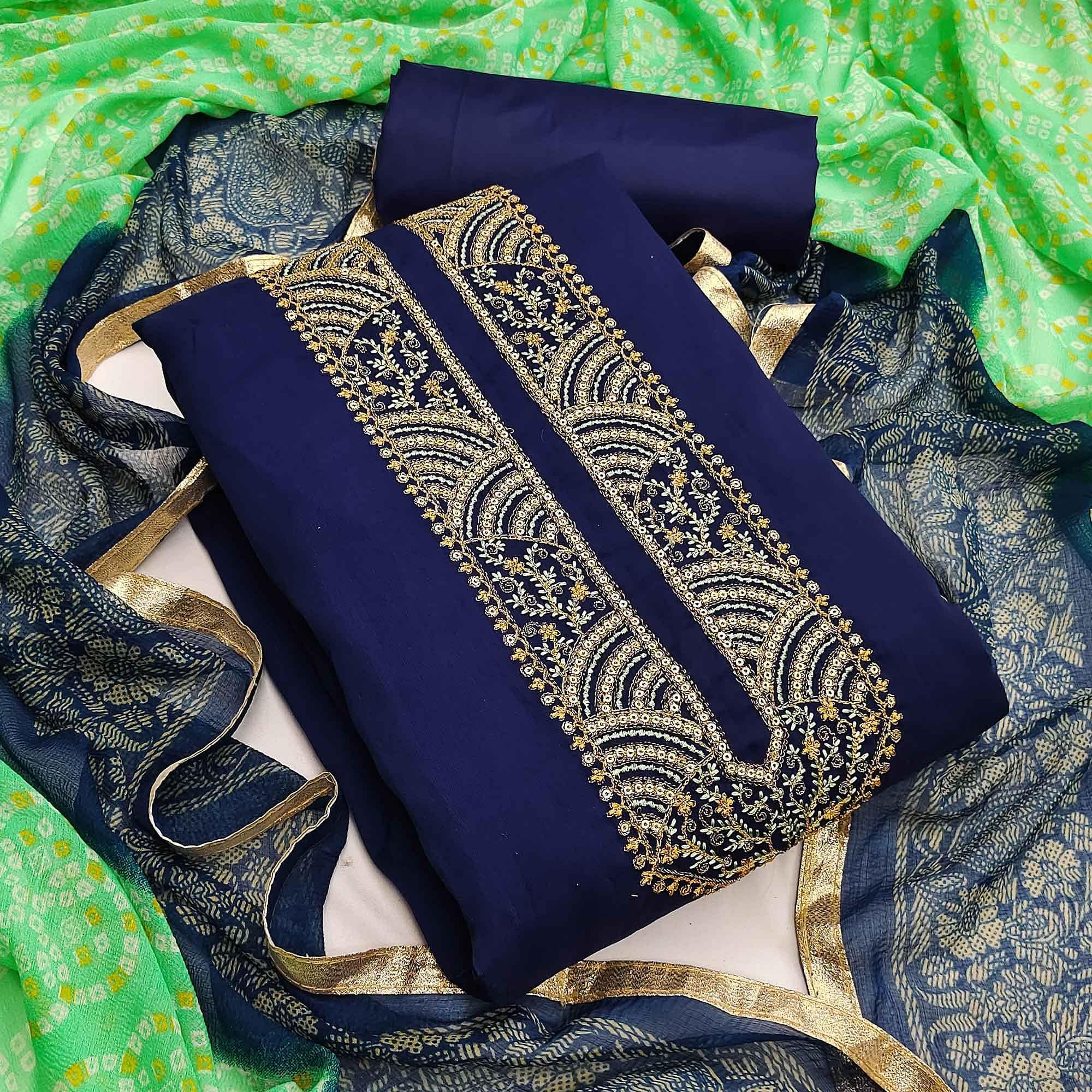 Blue Embroidered Chanderi Dress Material - Peachmode