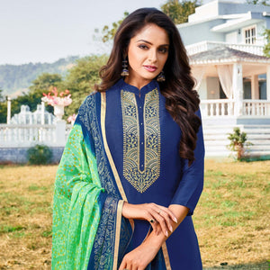 Blue Embroidered Chanderi Dress Material - Peachmode