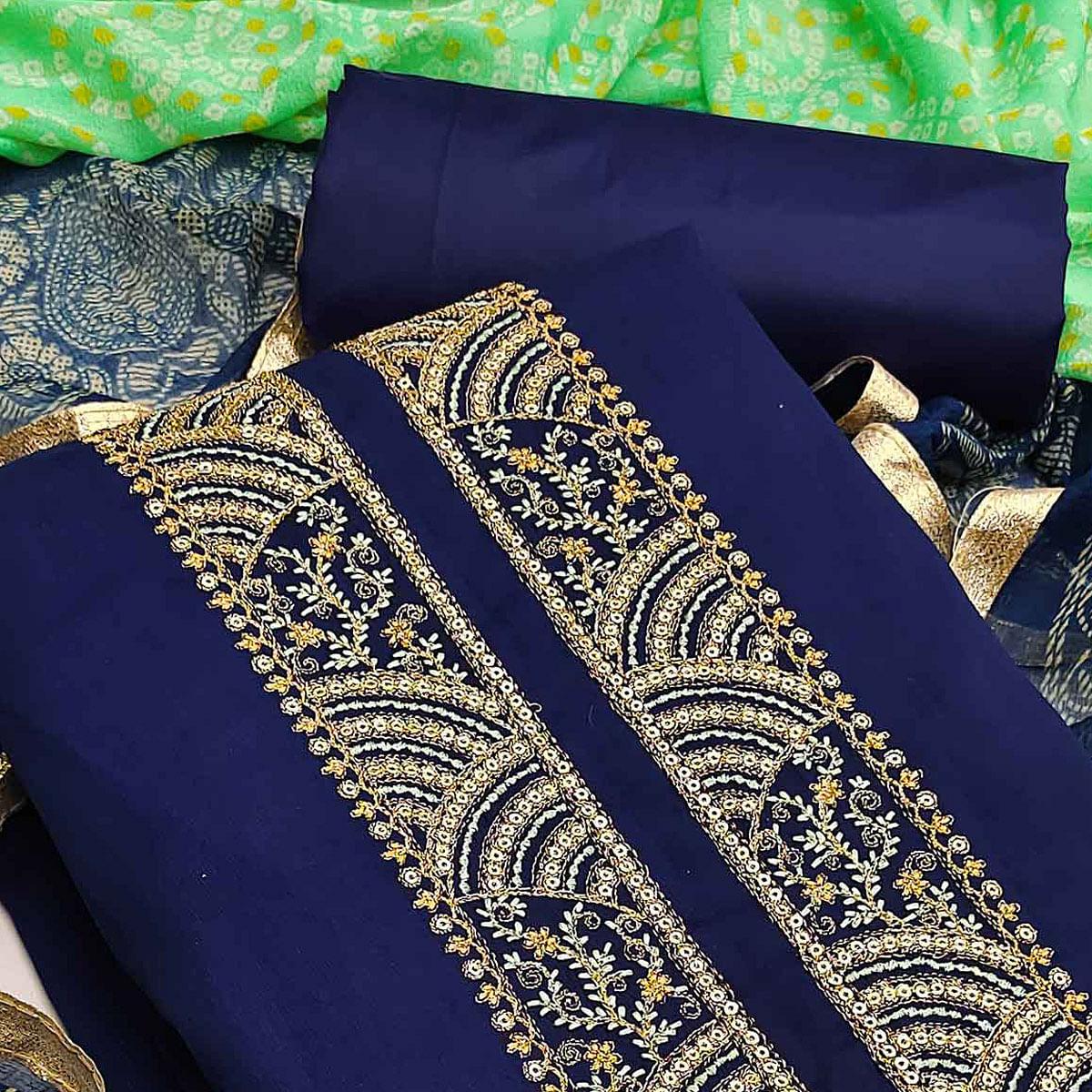 Blue Embroidered Chanderi Dress Material - Peachmode