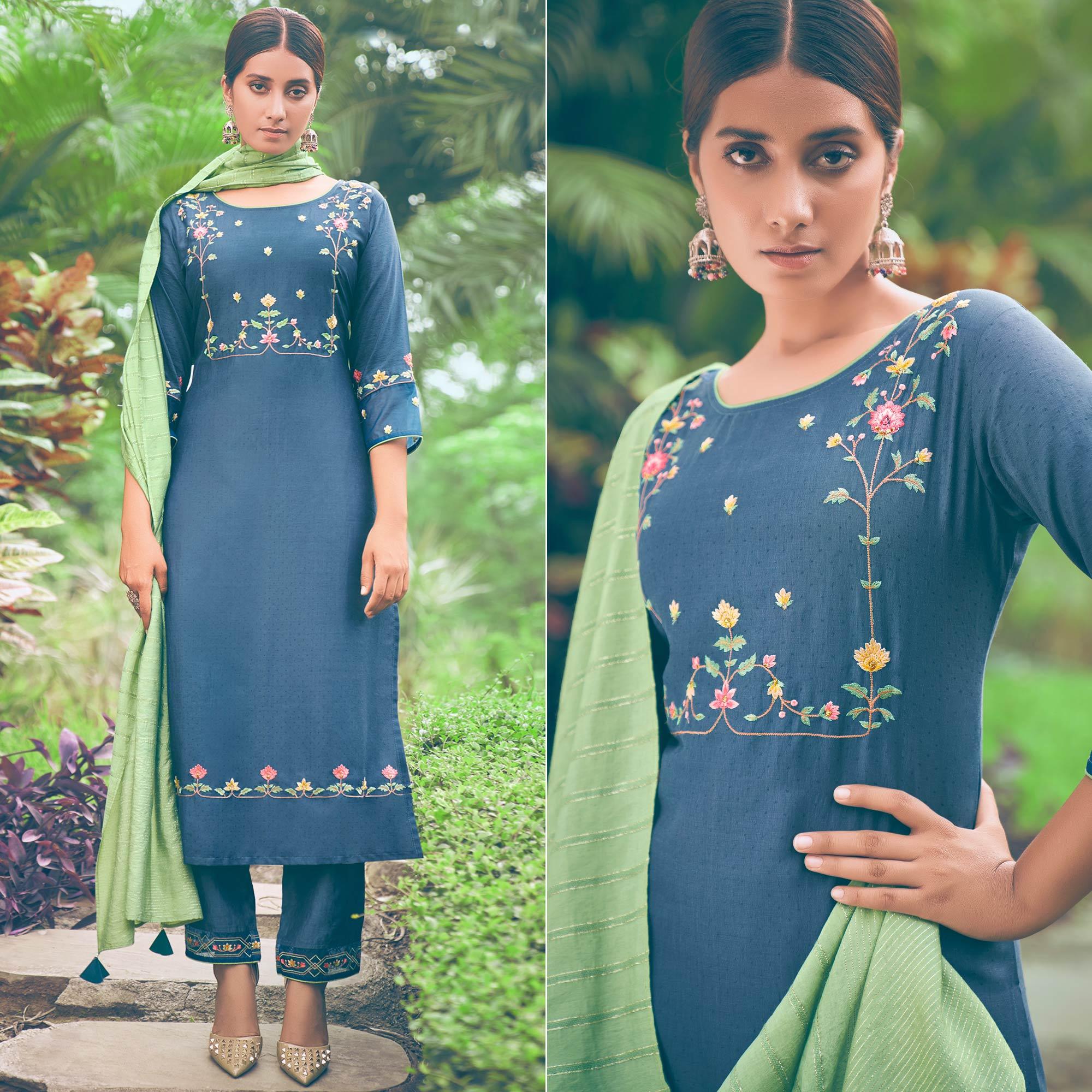 Blue Embroidered Chiffon Kurti Pant Set with Dupatta - Peachmode