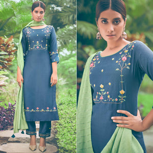 Blue Embroidered Chiffon Kurti Pant Set with Dupatta - Peachmode