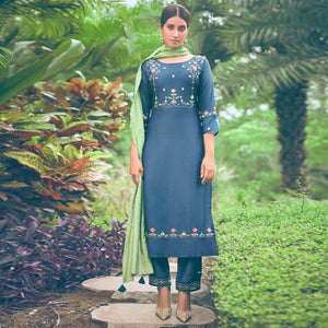 Blue Embroidered Chiffon Kurti Pant Set with Dupatta - Peachmode