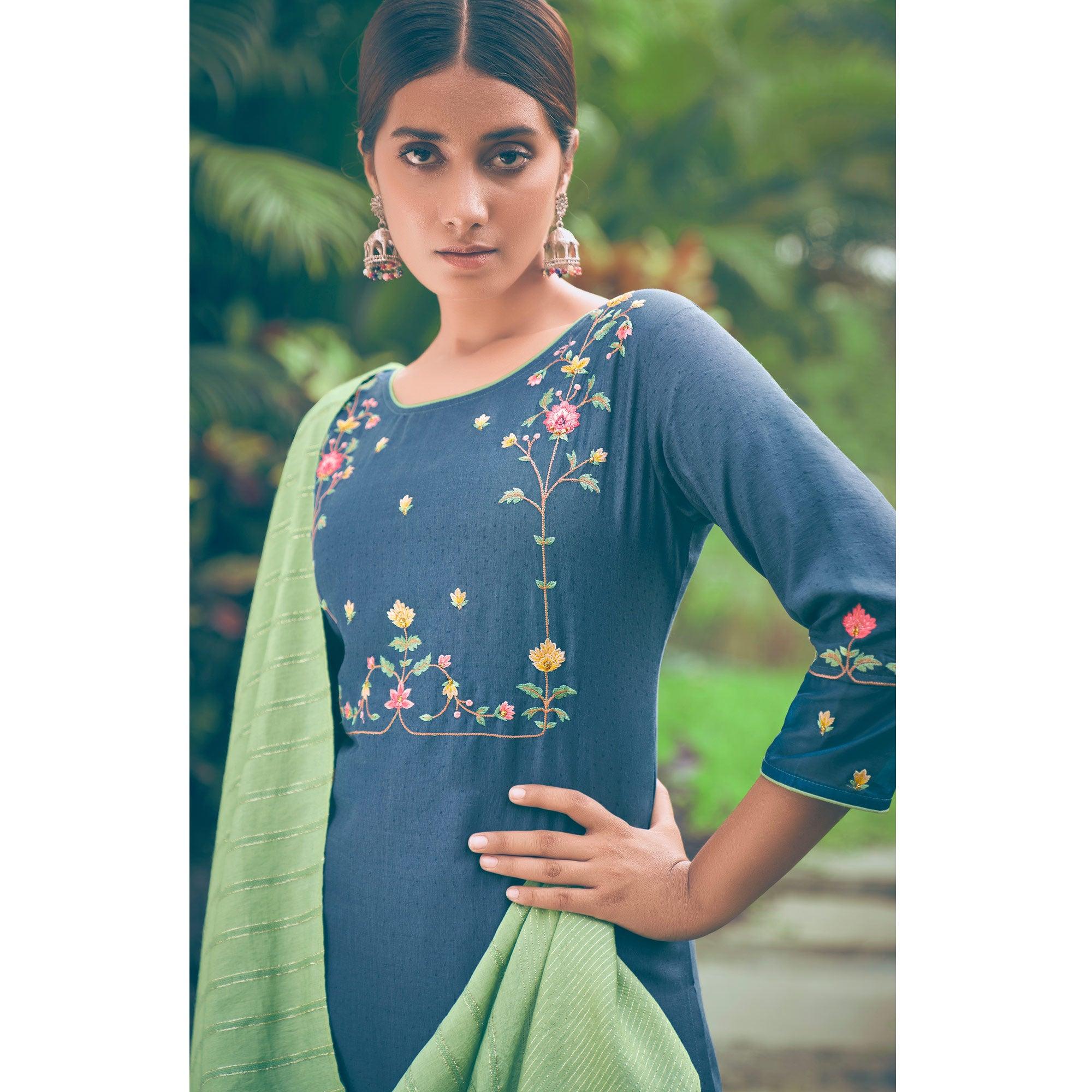 Blue Embroidered Chiffon Kurti Pant Set with Dupatta - Peachmode