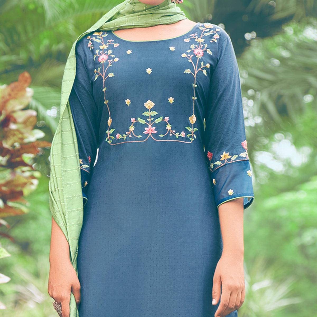 Blue Embroidered Chiffon Kurti Pant Set with Dupatta - Peachmode