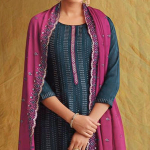 Blue Embroidered Chiffon Palazzo Suit - Peachmode