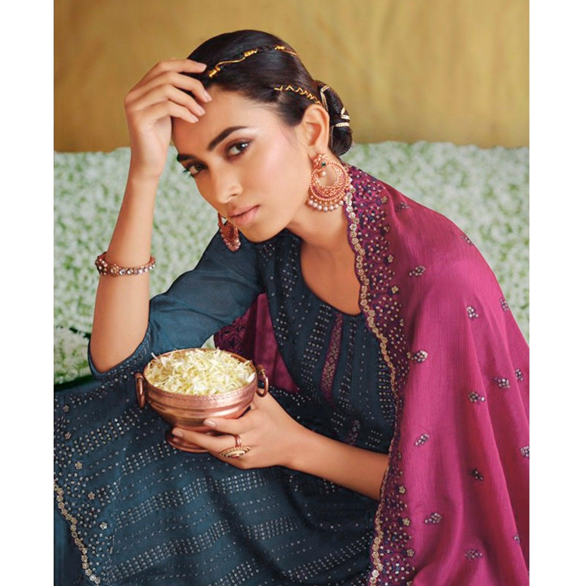 Blue Embroidered Chiffon Palazzo Suit - Peachmode