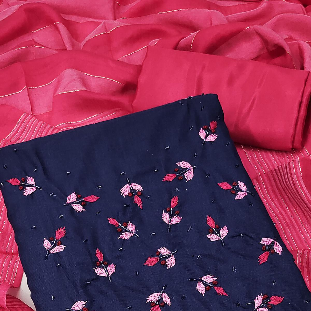 Blue Embroidered Cotton Blend Dress Material - Peachmode