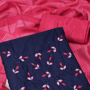 Blue Embroidered Cotton Blend Dress Material - Peachmode