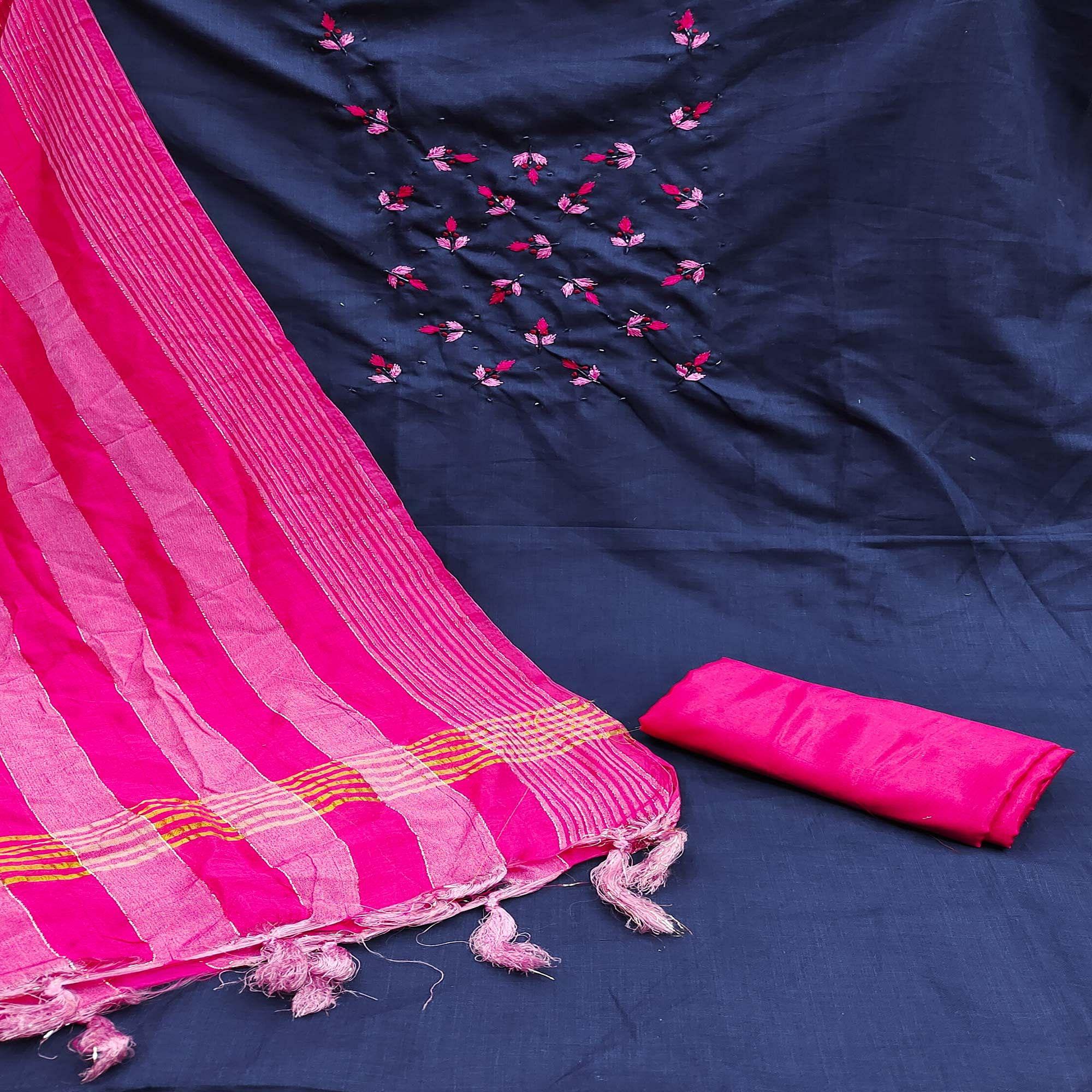 Blue Embroidered Cotton Blend Dress Material - Peachmode