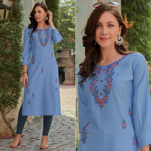 Blue Embroidered Cotton Silk Kurti - Peachmode
