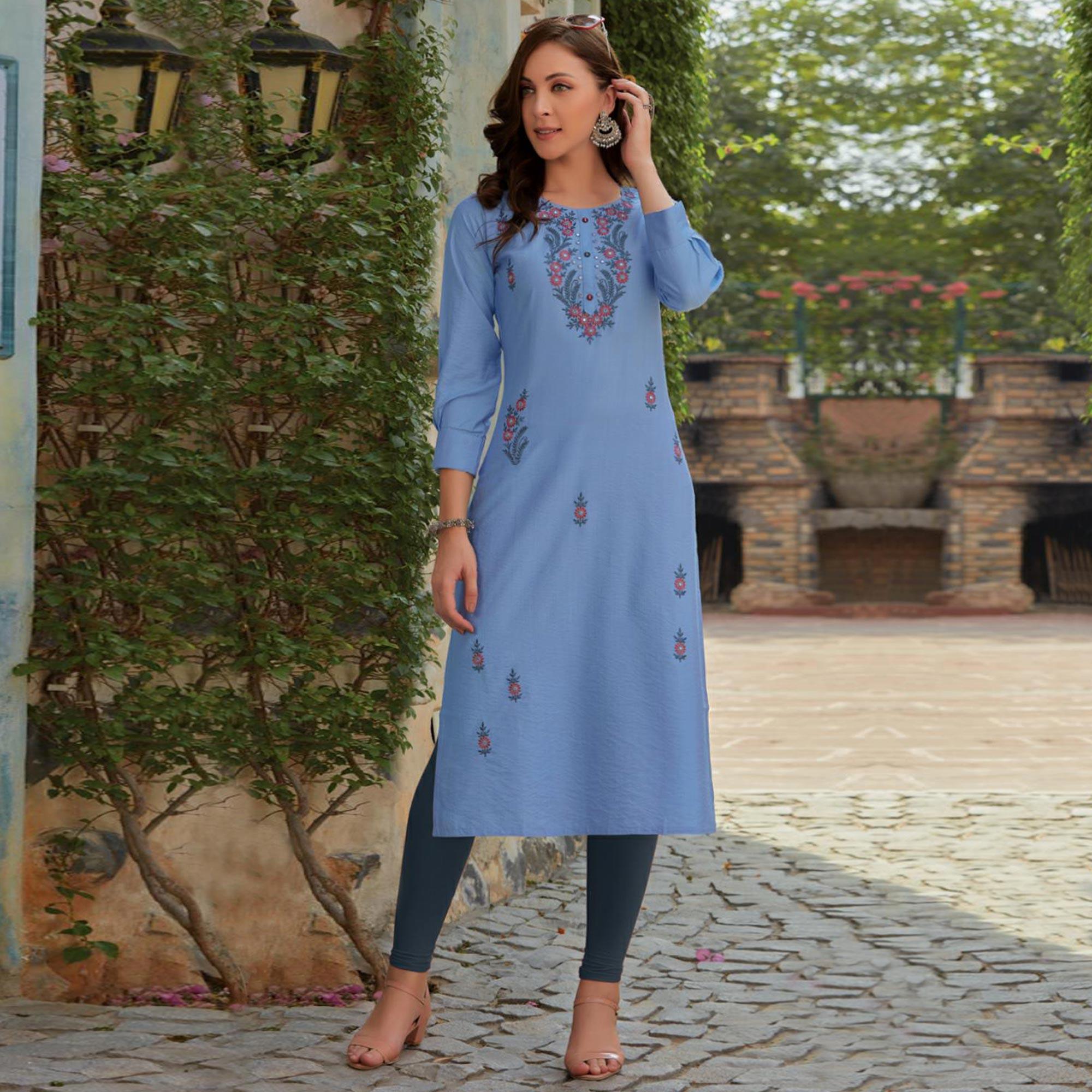 Blue Embroidered Cotton Silk Kurti - Peachmode